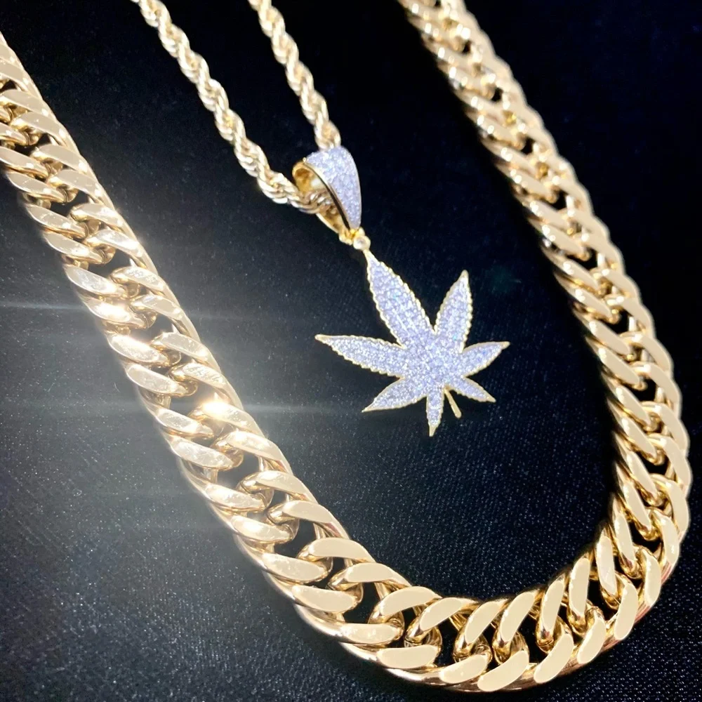 LEAF CANNABIS 420 CHARM PENDANT 18K GOLD CHAIN NECKLACE MADE IN ITALY! WARRANTY!